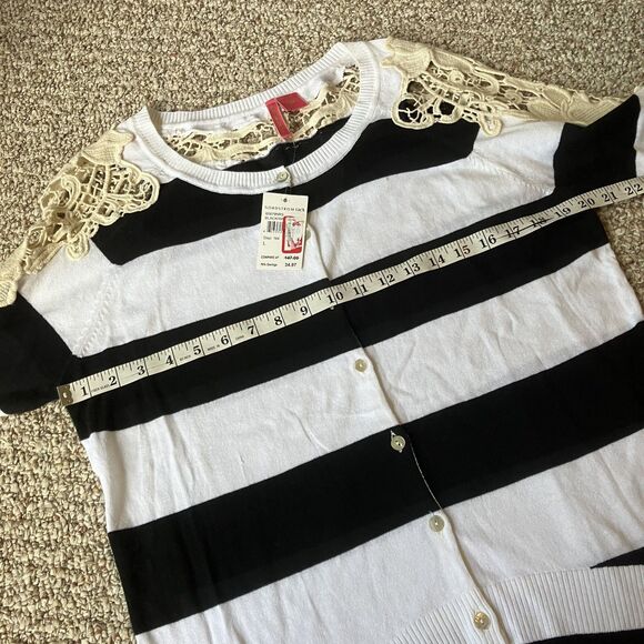 Nordstrom Charlotte Cardigan Sweater Size L Crochet Lace Stripes Twee Black Whit - Picture 9 of 11